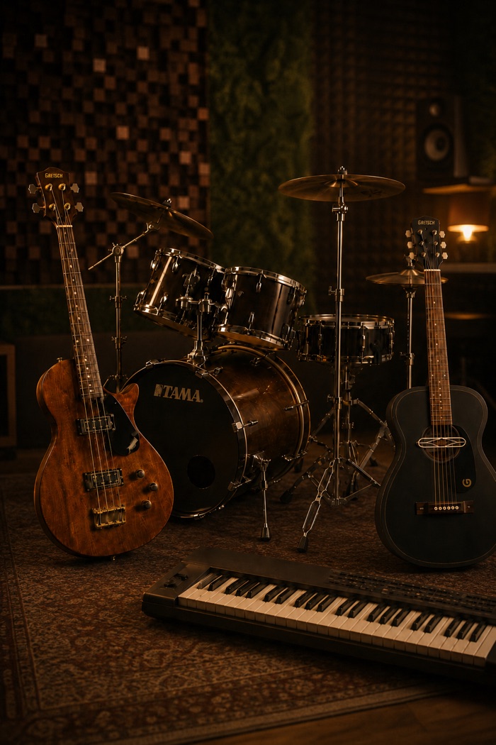 Gitarre, Klavier, Bass und Drums