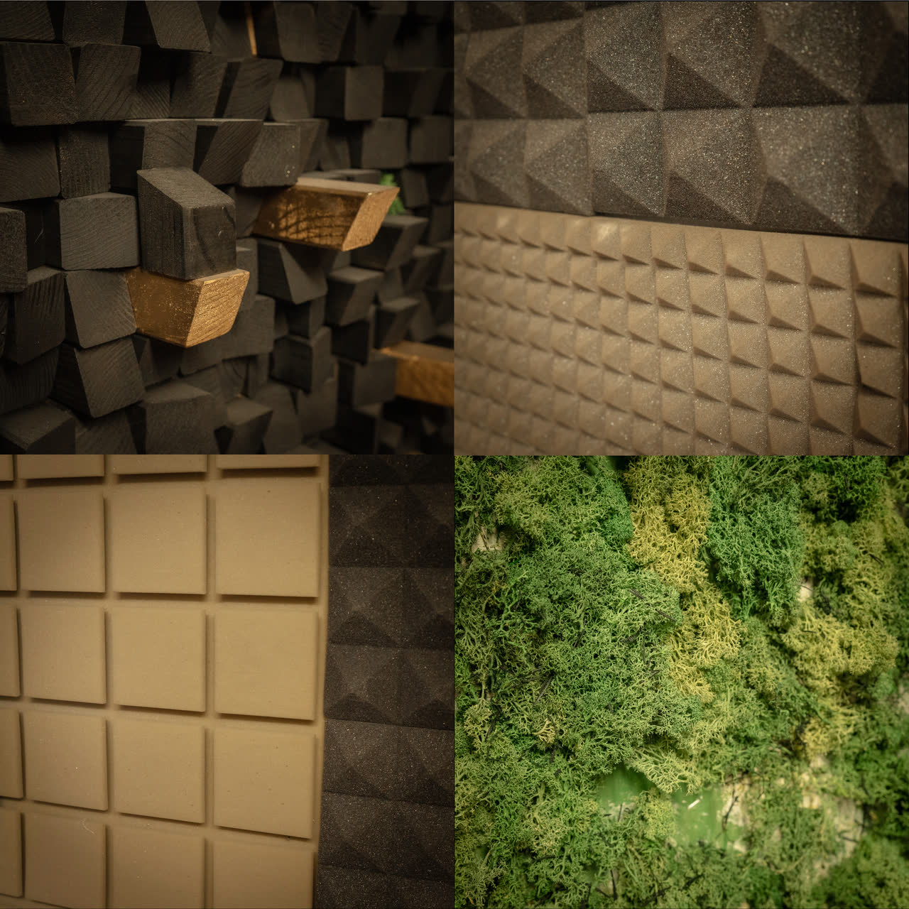 Akustik-Detail: Diffusor, Absorber und Moos bei Tageslicht